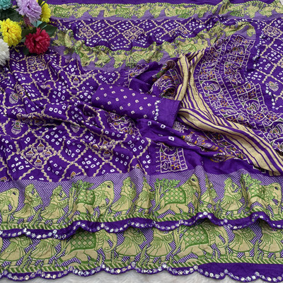 V KAPIL AND CO Printed, Embellished Bandhani Art Silk Saree(Purple)