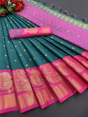 arlima Self Design, Temple Border, Striped, Embellished, Woven, Applique, Checkered Pochampally Pure Silk, Cotton Silk Saree(Light Green)