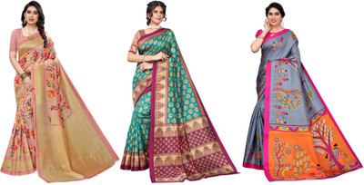 ANIRAV Woven Bollywood Art Silk Saree(Pack of 3, Pink, Blue, Grey)
