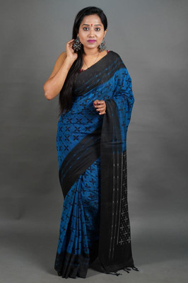 DAS TAXTILES Printed Sambalpuri Cotton Blend Saree(Light Blue)
