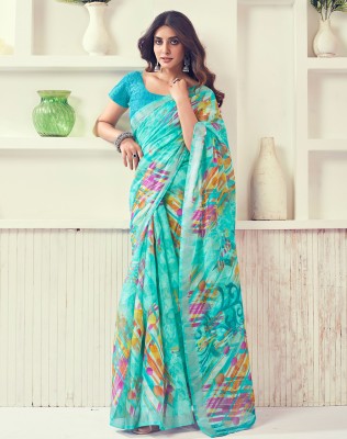 Siril Geometric Print, Printed, Striped Daily Wear Cotton Blend Saree(Light Blue, Multicolor)