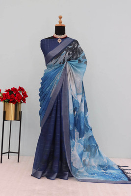 white sparrow Digital Print Daily Wear Linen Saree(Blue)