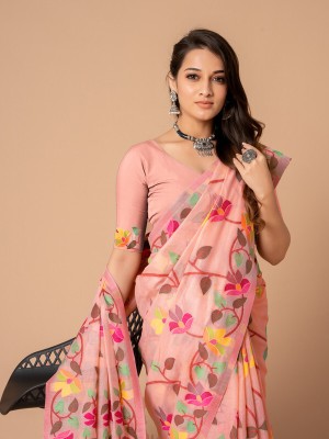 Dori Floral Print Bollywood Cotton Blend Saree(Pink)