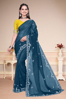 Infyshopy Fashions Self Design, Embroidered, Solid/Plain, Dyed Bollywood Georgette Saree(Blue)