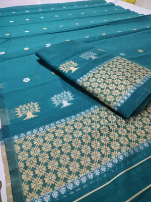 YINATZ KY GARCIA CREATION Woven Mekhela Chador Cotton Silk Saree(Dark Green)