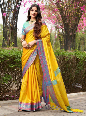 SGF11 Self Design Handloom Pure Silk Saree(Yellow)