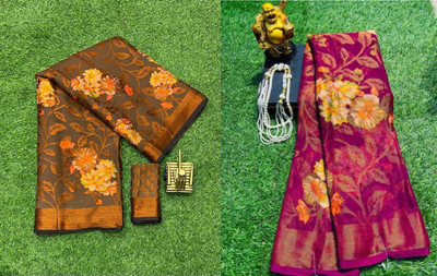Sitanjali Floral Print Maheshwari Brasso Saree(Pack of 2, Brown)
