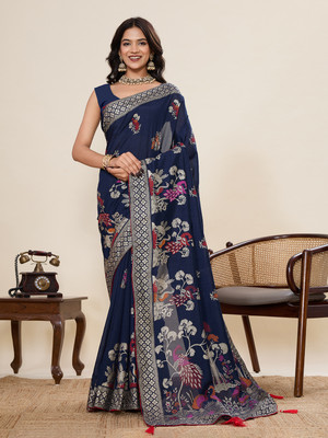 VISVASTA Woven, Self Design, Striped, Dyed, Printed, Embellished Handloom Jacquard, Cotton Silk Saree(Dark Blue)