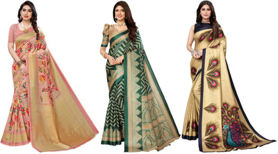 Nirvaan Printed Bollywood Art Silk Saree(Pack of 3, Pink, Dark Green, Gold)