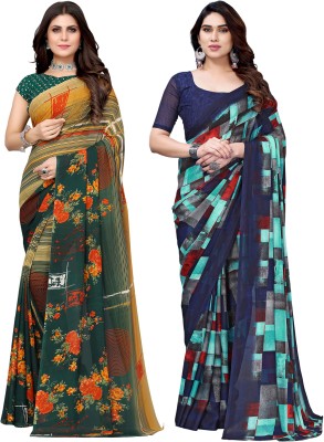 Samah Floral Print, Geometric Print Bollywood Georgette Saree(Pack of 2, Dark Green, Multicolor)