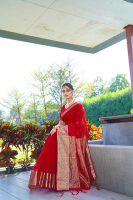KOTHARI SBT Solid/Plain Bandhani Organza Saree(Red)