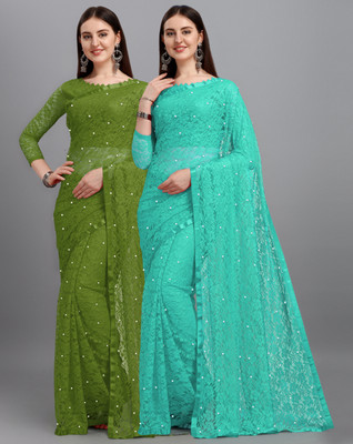 LOROFY Self Design Bollywood Net Saree(Pack of 2, Multicolor)