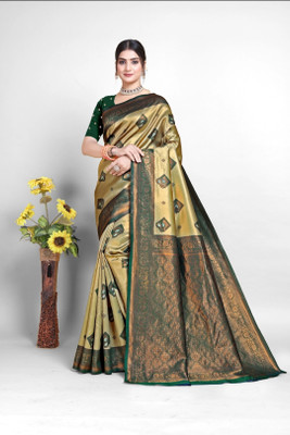 Parishow Woven, Printed Kanjivaram Silk Blend Saree(Gold)