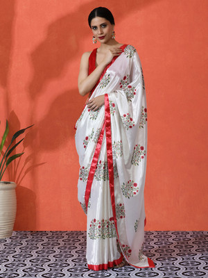 Sangria Printed Daily Wear Satin Saree(White)