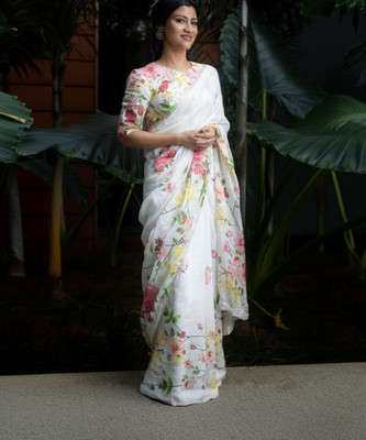ShivGori Digital Print Bollywood Cotton Linen Saree(White)