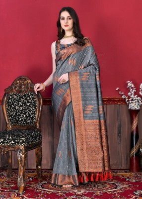 Niwaa Printed, Self Design, Embellished, Woven, Animal Print, Geometric Print Banarasi Jacquard, Tussar Silk Saree(Grey)