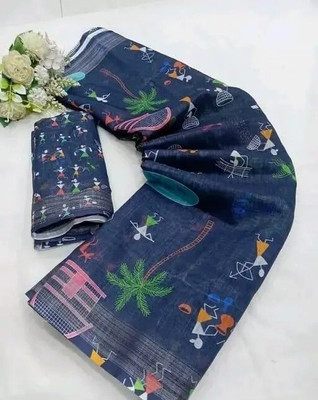 VCREATION Digital Print Bollywood Linen Saree(Dark Blue)
