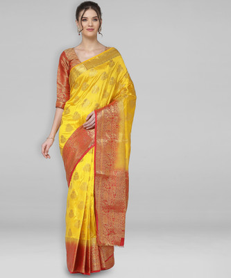 Divastri Printed, Woven Banarasi Cotton Silk Saree(Yellow)