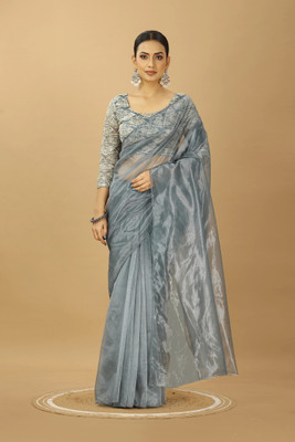 PATLANI STYLE Solid/Plain Bollywood Net Saree(Grey)