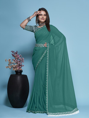 Gold Art Fashion Embroidered Bollywood Chiffon Saree(Light Green)