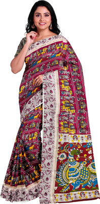 OST Printed, Floral Print, Temple Border Kalamkari Cotton Silk Saree(Pink)