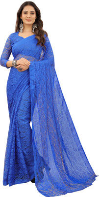 Dhyey Fashion Floral Print Bollywood Net Saree(Dark Blue)