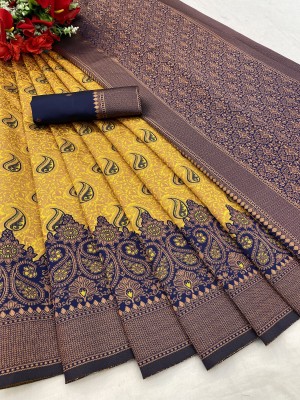 OM MAHADEV FASHION Woven, Self Design Banarasi Jacquard, Silk Blend Saree(Dark Blue)