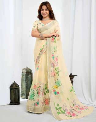 Samah Digital Print, Floral Print, Embellished Bollywood Linen Saree(Multicolor, Beige)