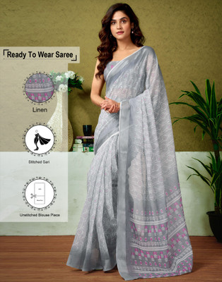 Samah Floral Print, Printed, Embellished Bollywood Linen Saree(Grey, White)