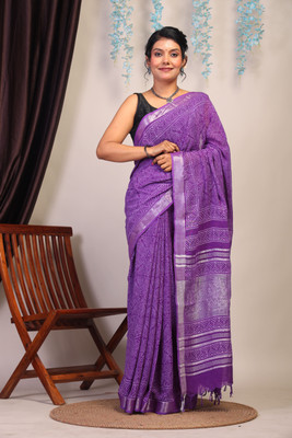 Anuttara Blocked Printed Bhagalpuri Cotton Linen Saree(Purple)