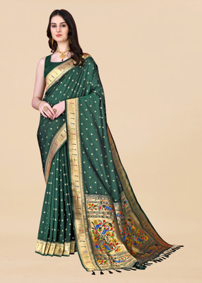 Bansari Textiles Self Design, Woven, Applique, Printed, Temple Border, Striped Banarasi Cotton Silk, Jacquard Saree(Dark Green)