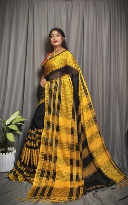 PRANATI ENTERPRISE Printed Handloom Linen Saree(Black, Yellow)