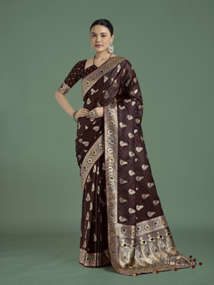 Monjolika Fashion Printed Banarasi Satin Saree(Maroon)