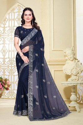 KHRITI FAB Embroidered Bollywood Silk Blend Saree(Dark Blue)