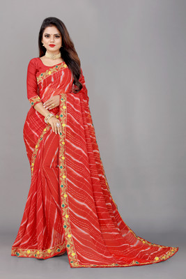 HouseOfCommon Printed Leheria Georgette, Chiffon Saree(Red)