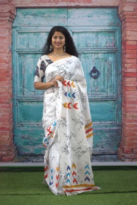 RAMNATH'S Printed, Color Block, Blocked Printed Bollywood Pure Cotton Saree(White)