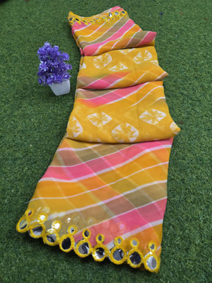 v.divyanshi & co. Striped, Printed Bandhani Georgette Saree(Yellow)