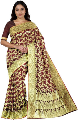 Saree House Woven Banarasi Handloom Silk Blend Saree(Brown)
