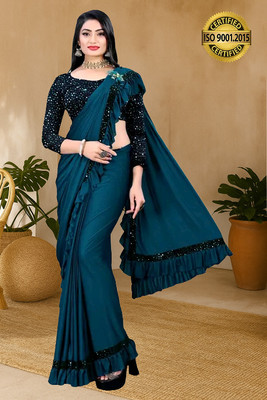 V2B ENTERPRISE Solid/Plain Bollywood Lycra Saree(Blue)