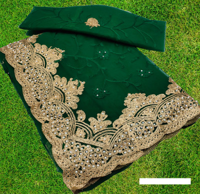 KHRITI FAB Embroidered Bollywood Net Saree(Dark Green)