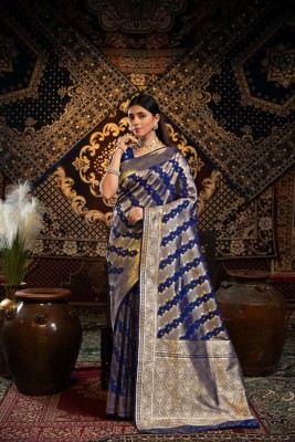 ishika fab Woven Banarasi Silk Blend Saree(Dark Blue)