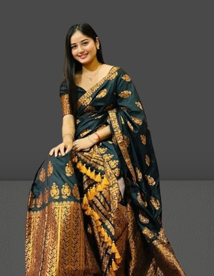 vrajtextiledr Woven Mekhela Chador Pure Silk Saree(Dark Green)