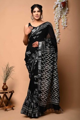 Pallo Latke Printed Daily Wear Cotton Linen Saree(Black)