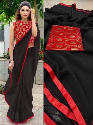 Sareez House Solid/Plain Bollywood Chiffon Saree(Black)