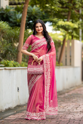 Krishna R fashion Embroidered Bandhani Supernet Saree(Pink)