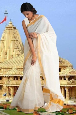 Gugaliya Solid/Plain Kasavu Pure Cotton Saree(Cream)