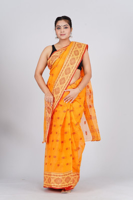 maa textile Self Design Tant Pure Cotton Saree(Yellow)