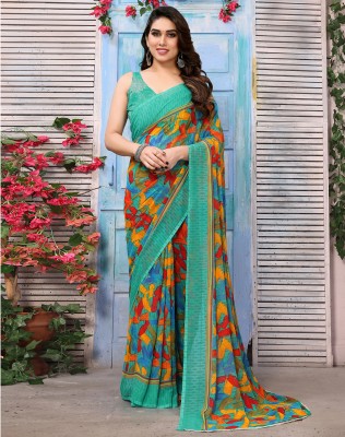 Siril Floral Print, Geometric Print, Printed Daily Wear Georgette Saree(Green, Multicolor)