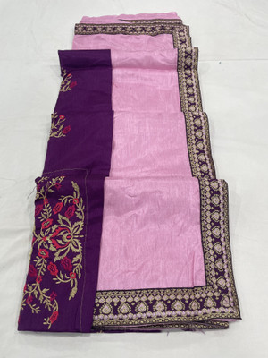 Vichitra Solid/Plain Bollywood Silk Blend Saree(Pink)