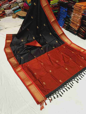NST5 Woven Kanjivaram Cotton Silk, Organza Saree(Black, Red)